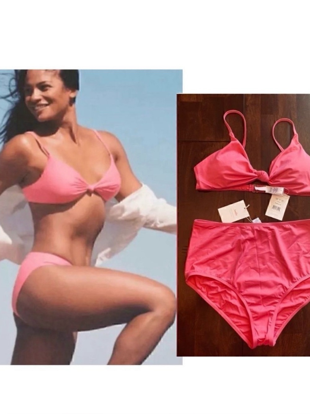NWT Large Andie Swim Rouge Pink Santorini Top and High Waist Bikini Bottoms  Set